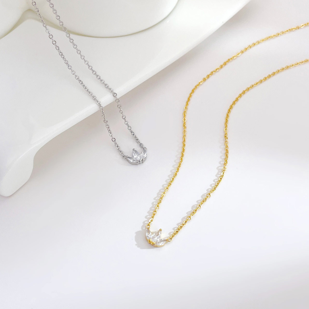 Three Stone Marquise CZ Necklace in PVD Stainless Steel 14K Gold