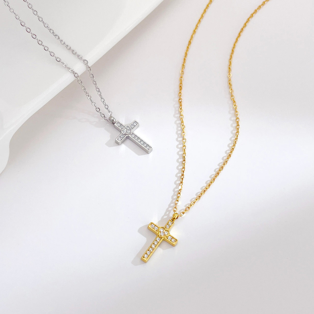Pave CZ Cross Necklace with Heart Center in PVD Stainless Steel 14K Gold