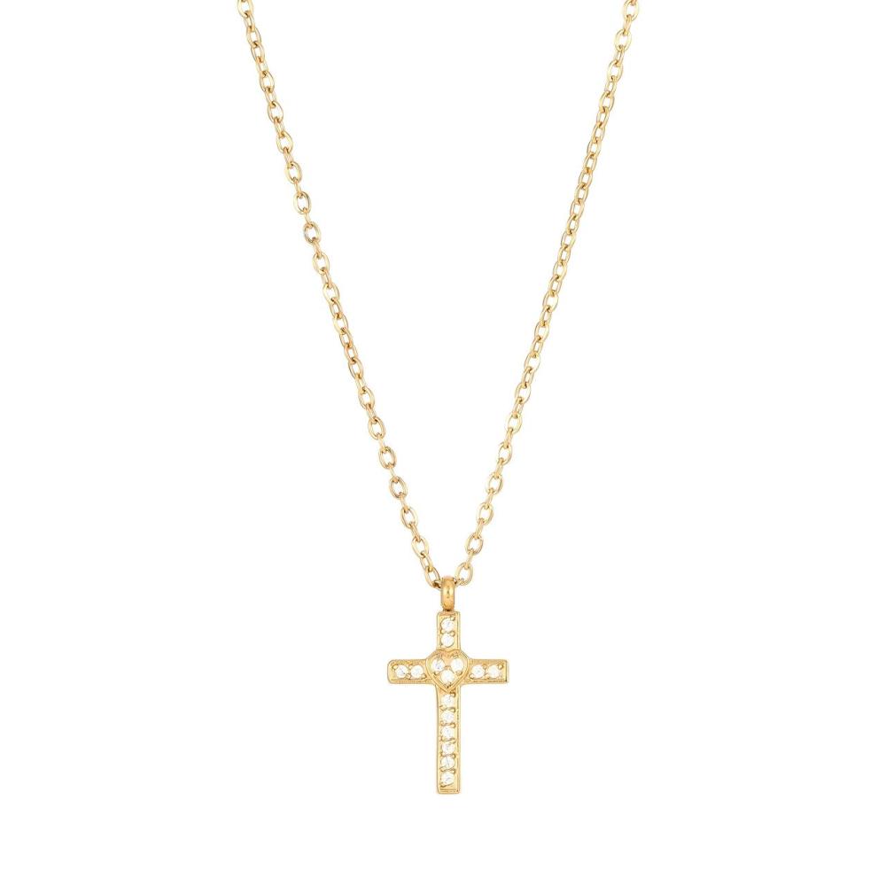 Pave CZ Cross Necklace with Heart Center in PVD Stainless Steel 14K Gold