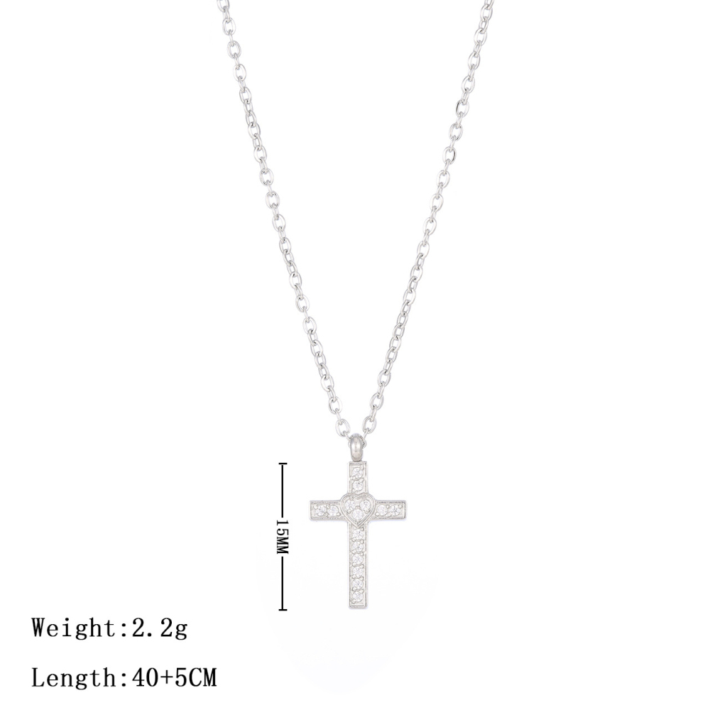 Pave CZ Cross Necklace with Heart Center in PVD Stainless Steel 14K Gold