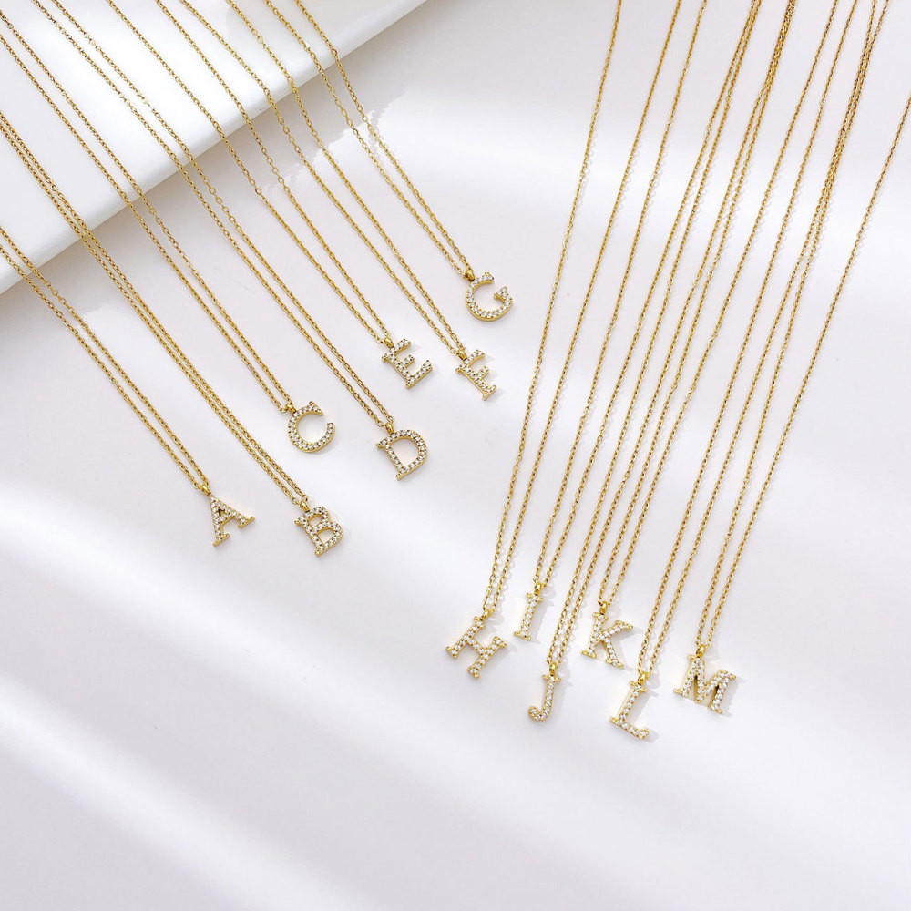 Pave CZ Initial Letter Pendant Necklace in PVD Stainless Steel 14K Gold