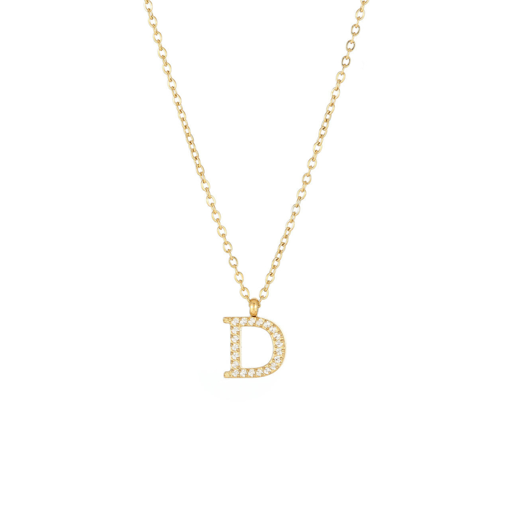 Pave CZ Initial Letter Pendant Necklace in PVD Stainless Steel 14K Gold