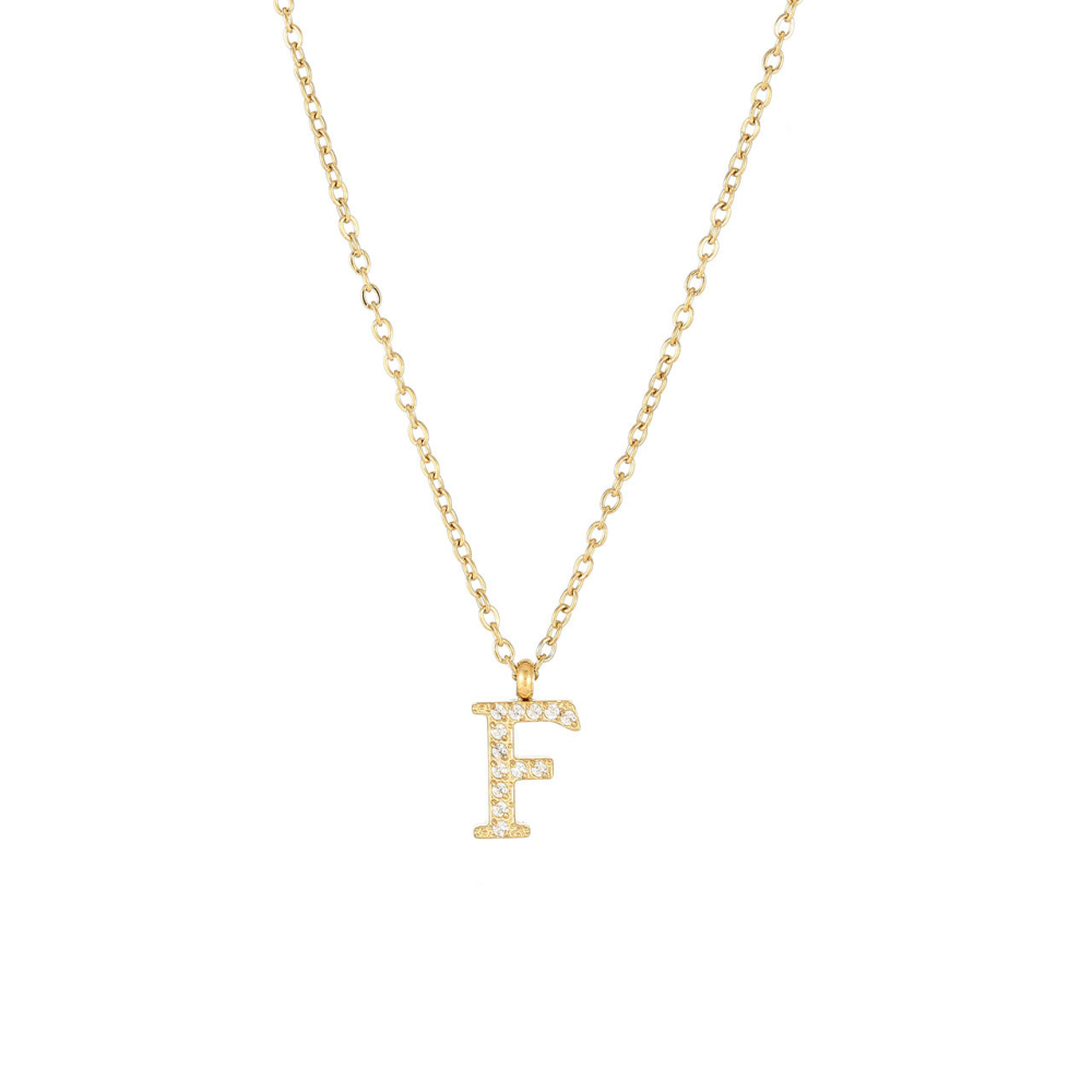 Pave CZ Initial Letter Pendant Necklace in PVD Stainless Steel 14K Gold