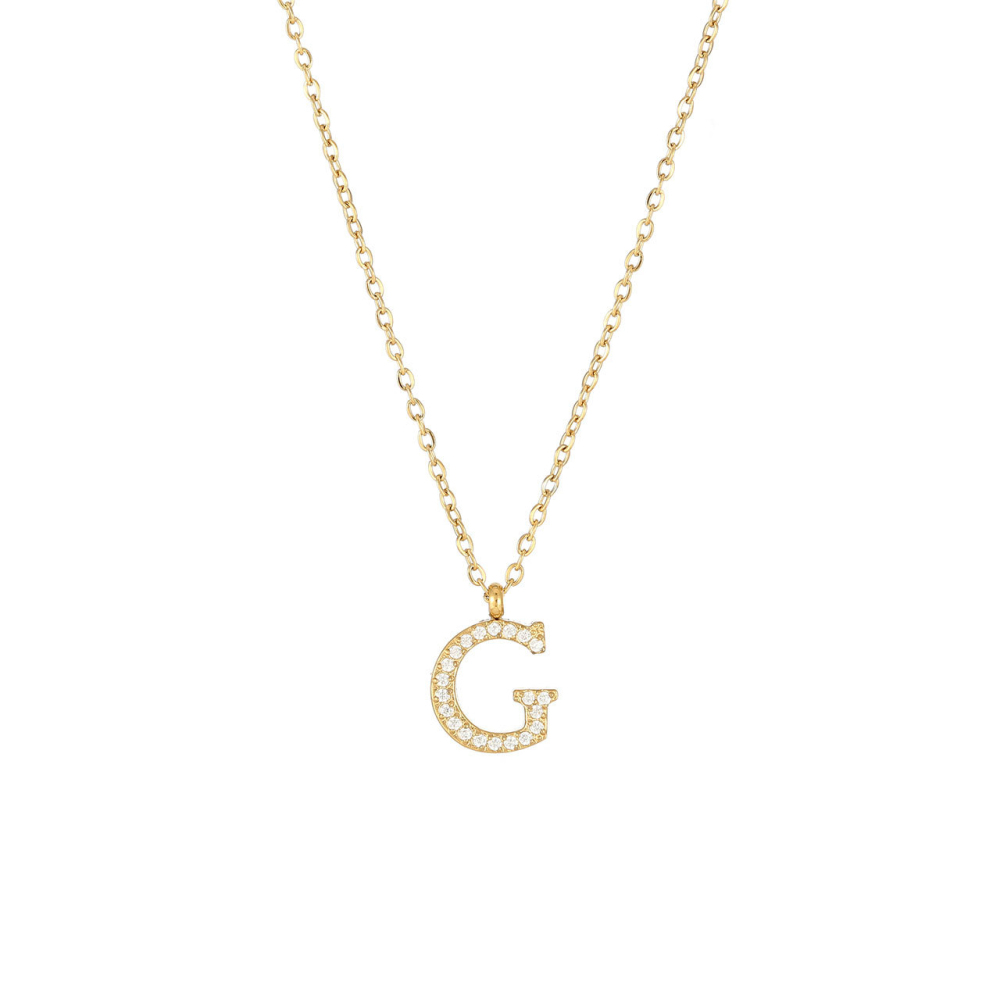 Pave CZ Initial Letter Pendant Necklace in PVD Stainless Steel 14K Gold