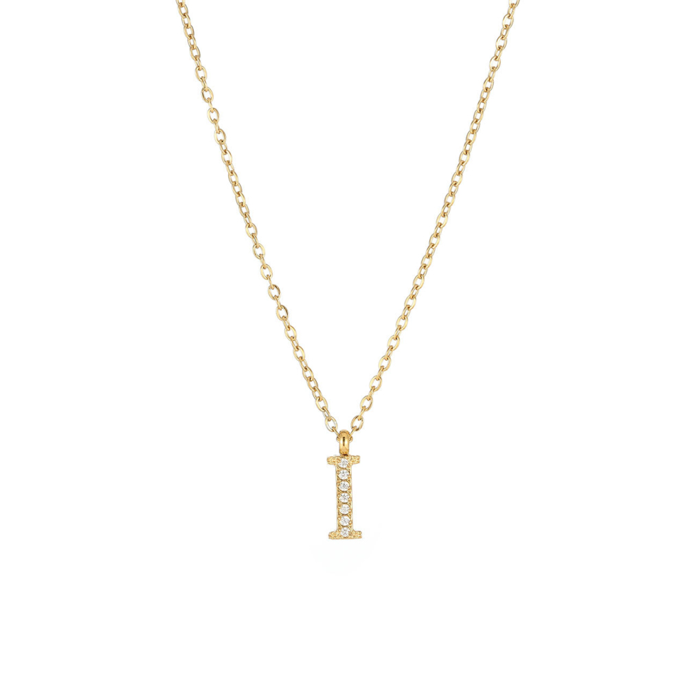 Pave CZ Initial Letter Pendant Necklace in PVD Stainless Steel 14K Gold