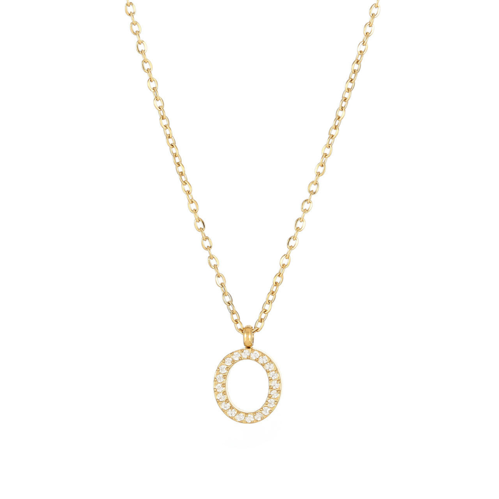 Pave CZ Initial Letter Pendant Necklace in PVD Stainless Steel 14K Gold