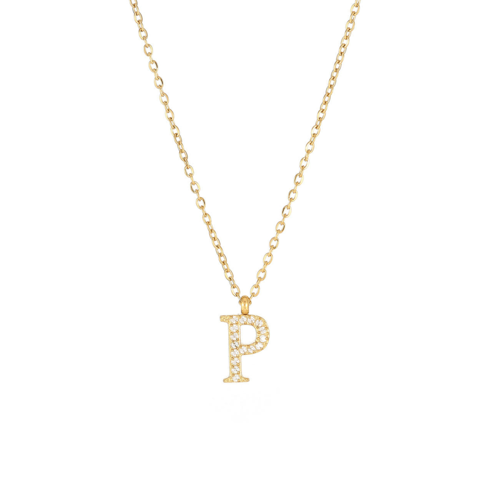 Pave CZ Initial Letter Pendant Necklace in PVD Stainless Steel 14K Gold