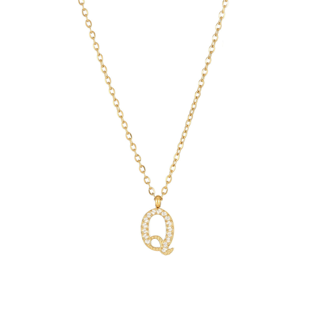 Pave CZ Initial Letter Pendant Necklace in PVD Stainless Steel 14K Gold