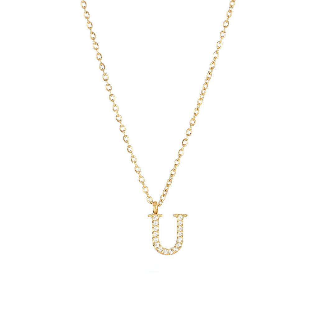 Pave CZ Initial Letter Pendant Necklace in PVD Stainless Steel 14K Gold