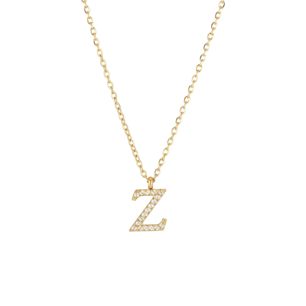 Pave CZ Initial Letter Pendant Necklace in PVD Stainless Steel 14K Gold