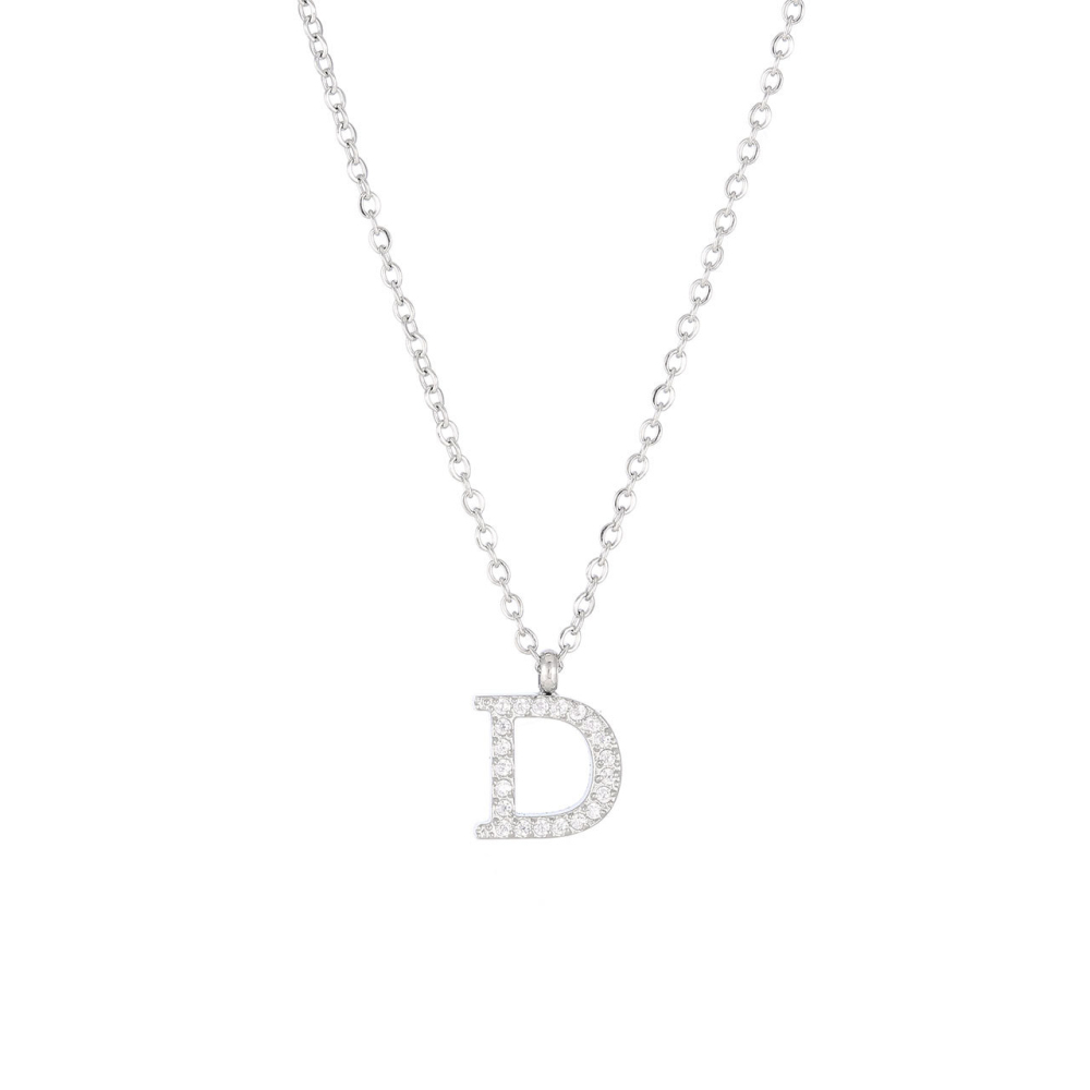 Pave CZ Initial Letter Pendant Necklace in PVD Stainless Steel 14K Gold