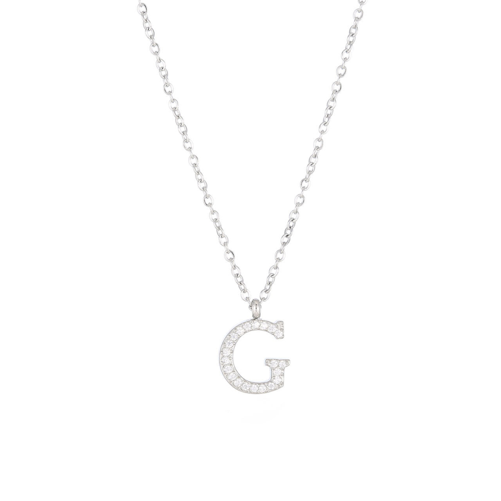 Pave CZ Initial Letter Pendant Necklace in PVD Stainless Steel 14K Gold