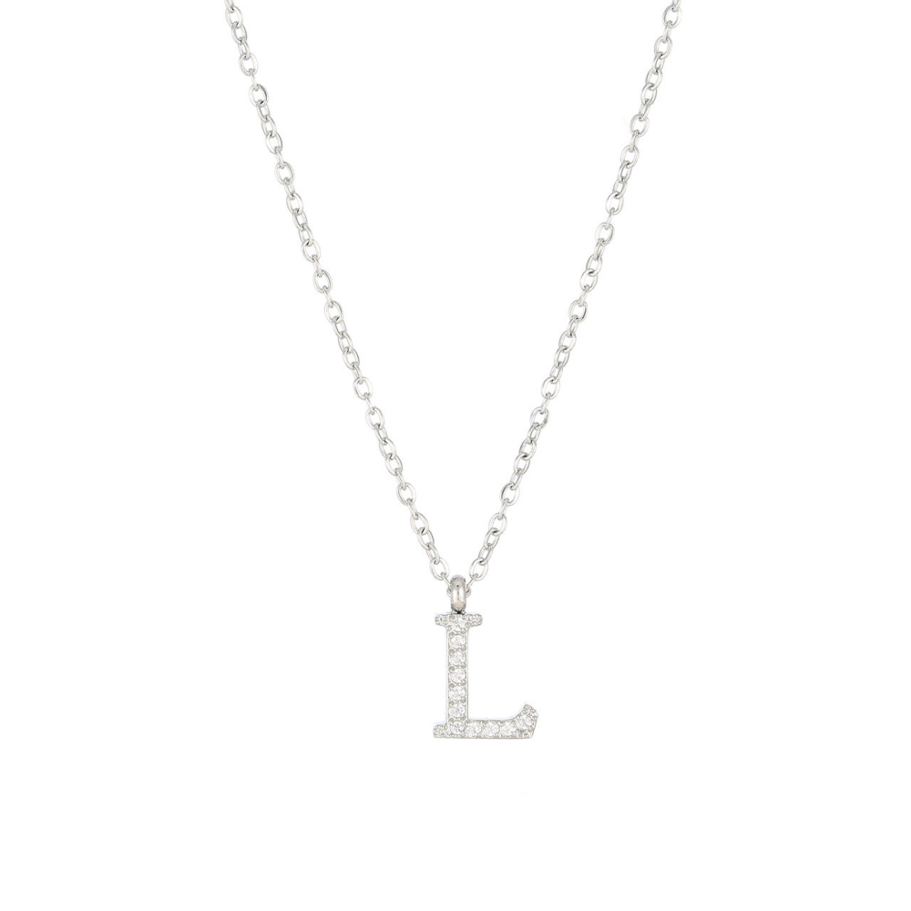 Pave CZ Initial Letter Pendant Necklace in PVD Stainless Steel 14K Gold