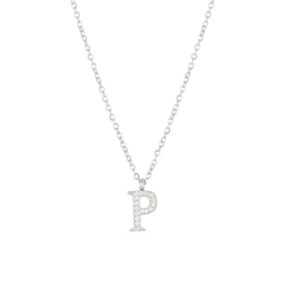 Pave CZ Initial Letter Pendant Necklace in PVD Stainless Steel 14K Gold