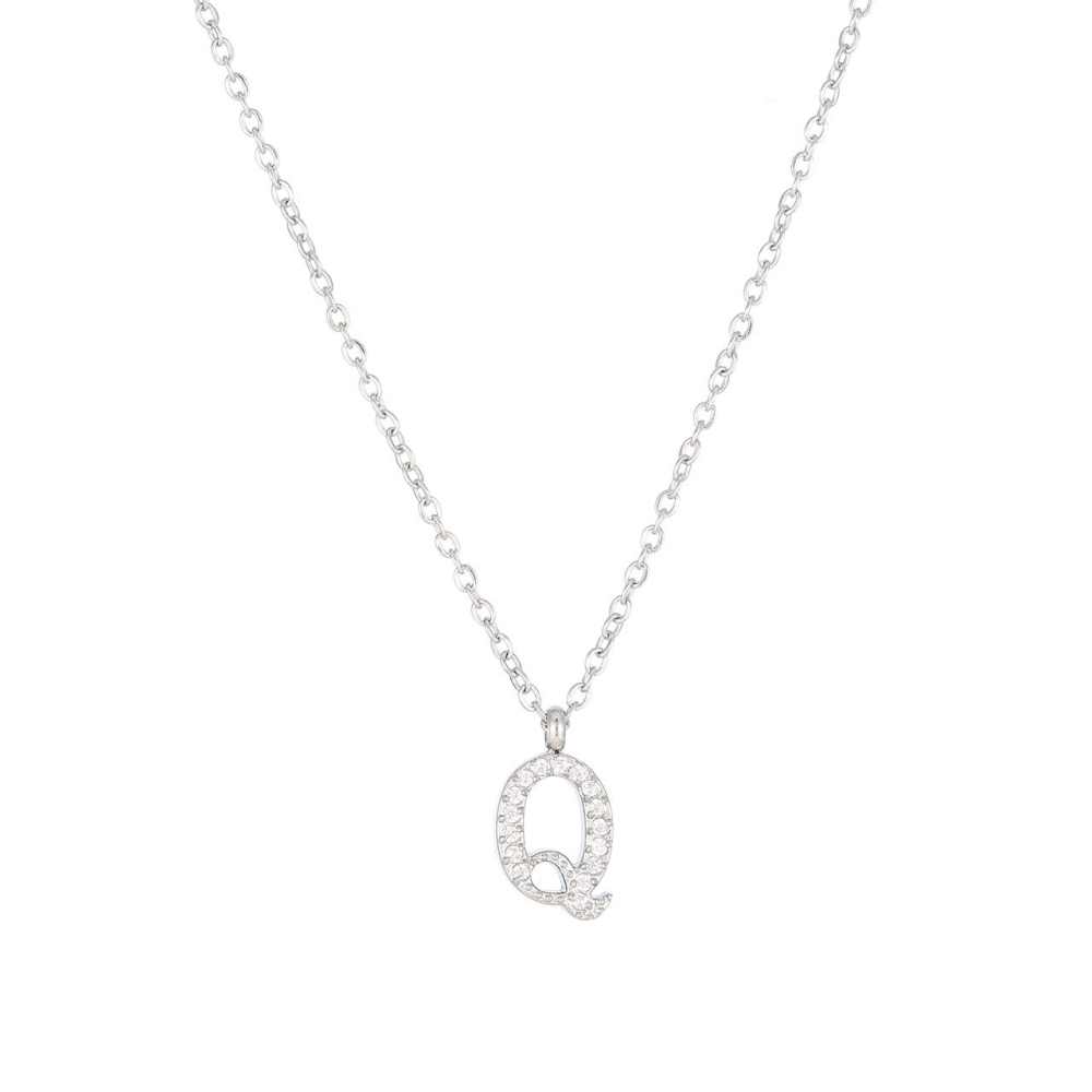 Pave CZ Initial Letter Pendant Necklace in PVD Stainless Steel 14K Gold