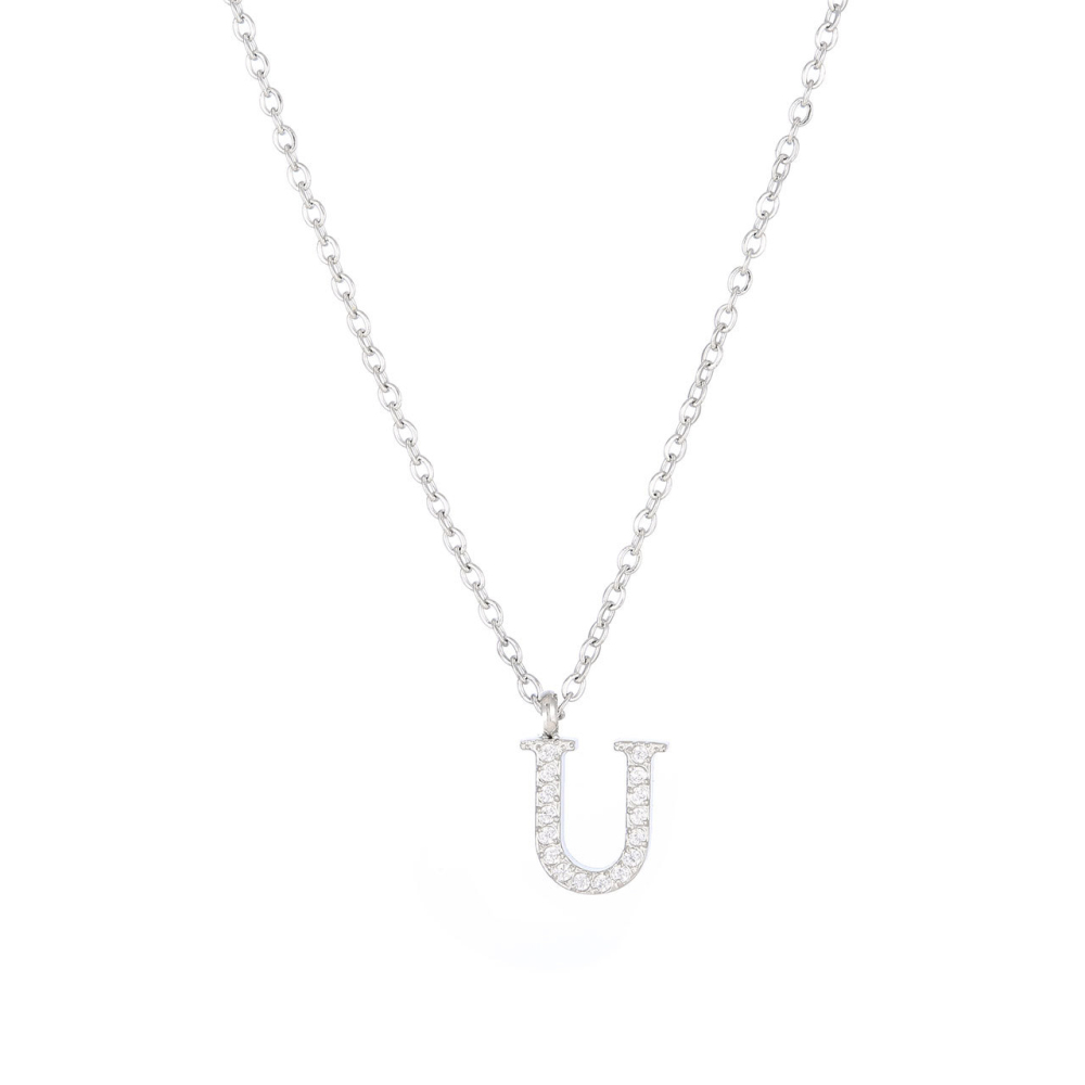 Pave CZ Initial Letter Pendant Necklace in PVD Stainless Steel 14K Gold