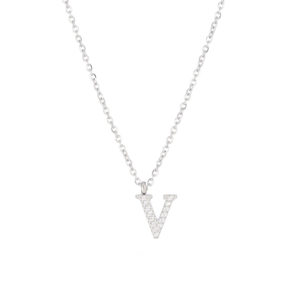 Pave CZ Initial Letter Pendant Necklace in PVD Stainless Steel 14K Gold