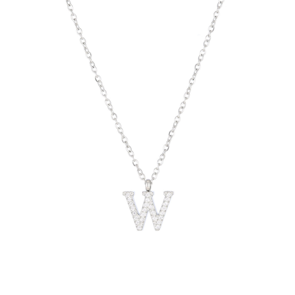 Pave CZ Initial Letter Pendant Necklace in PVD Stainless Steel 14K Gold