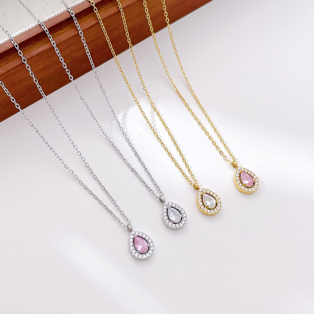Halo Pear Cut CZ Necklace in PVD Stainless Steel 14K Gold