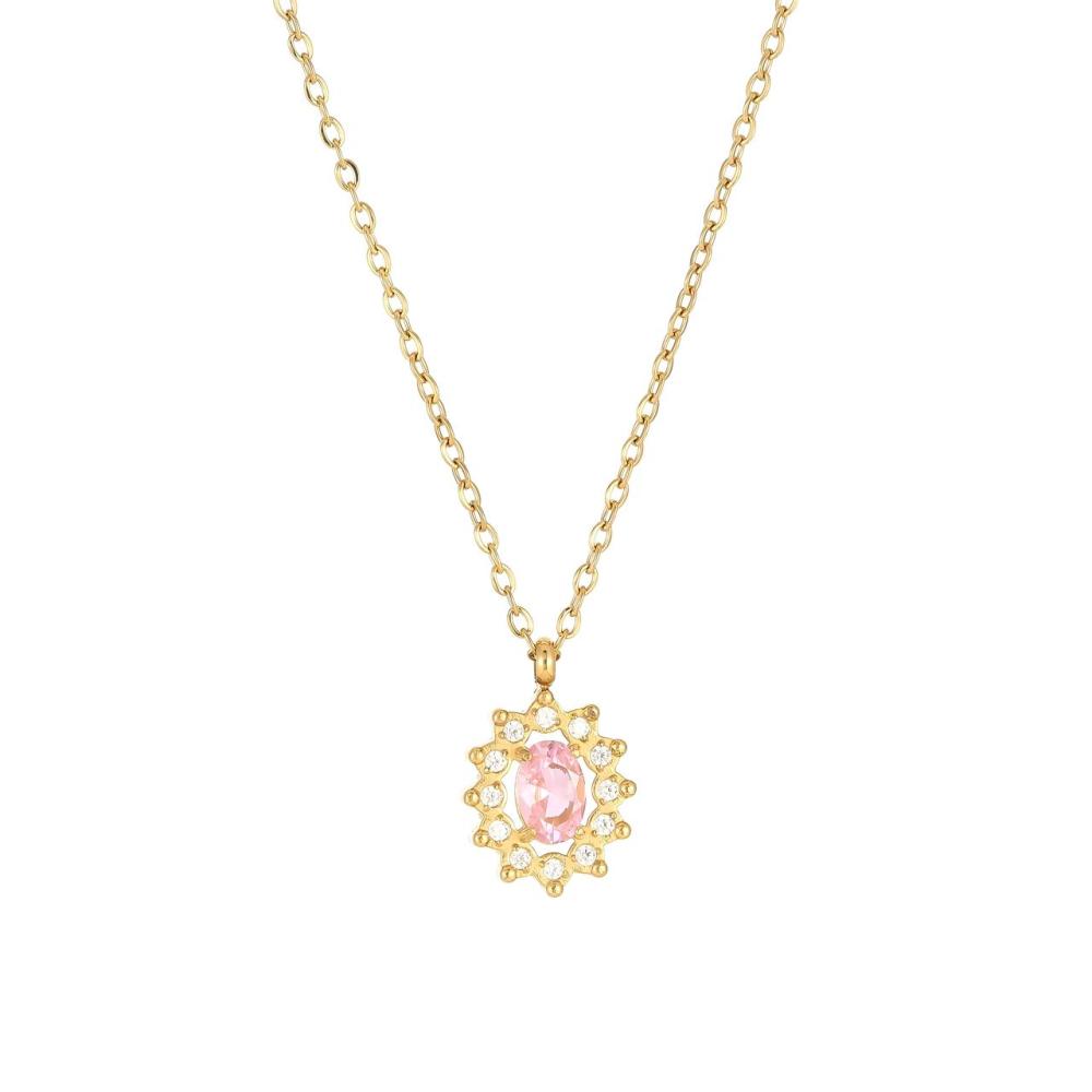 Floral Halo Oval CZ Necklace in PVD Stainless Steel 14K Gold