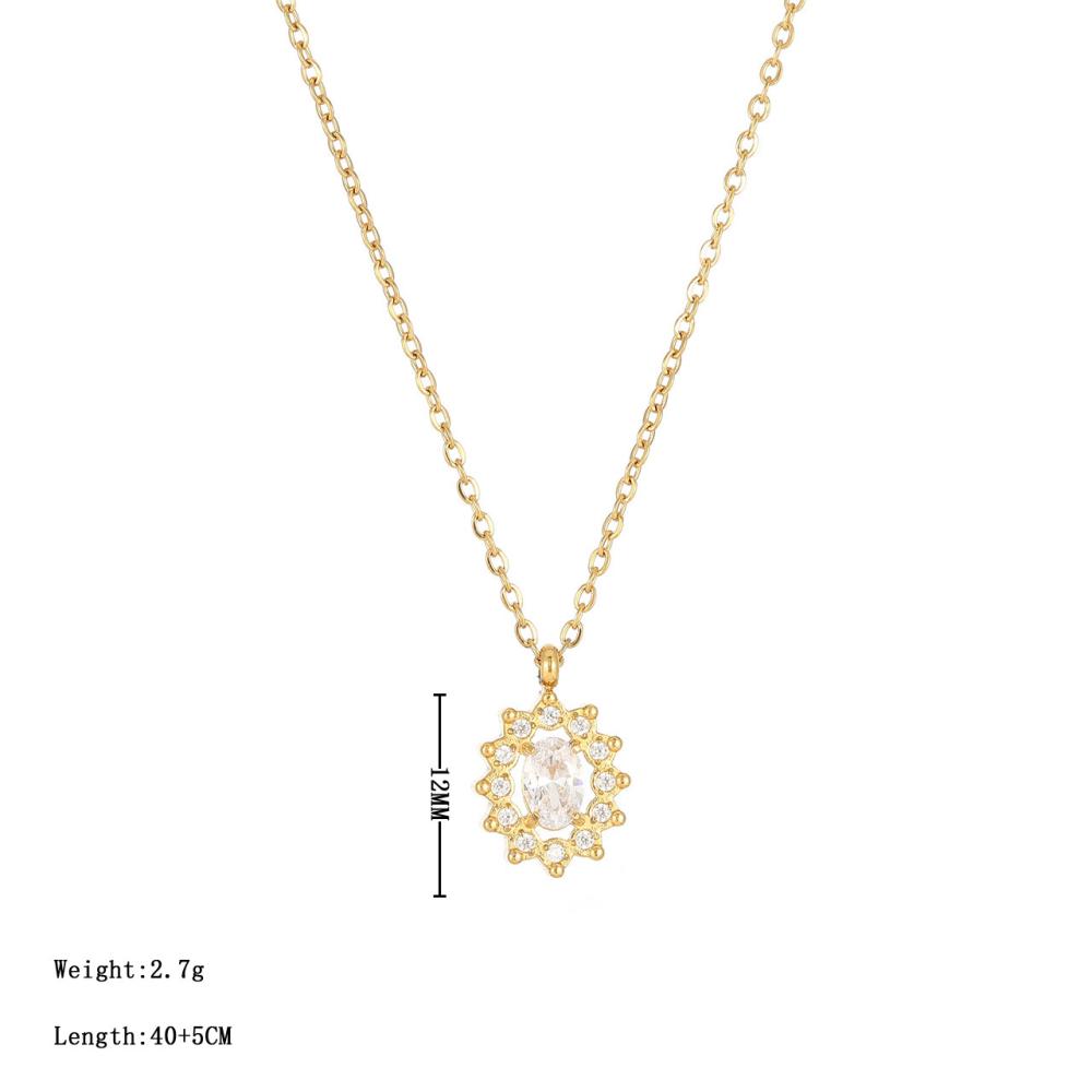 Floral Halo Oval CZ Necklace in PVD Stainless Steel 14K Gold