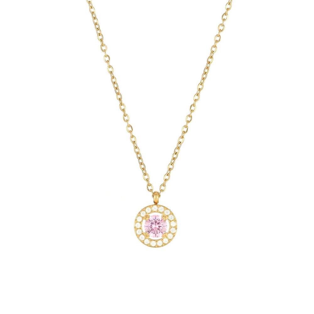 Round Halo CZ Necklace in PVD Stainless Steel 14K Gold