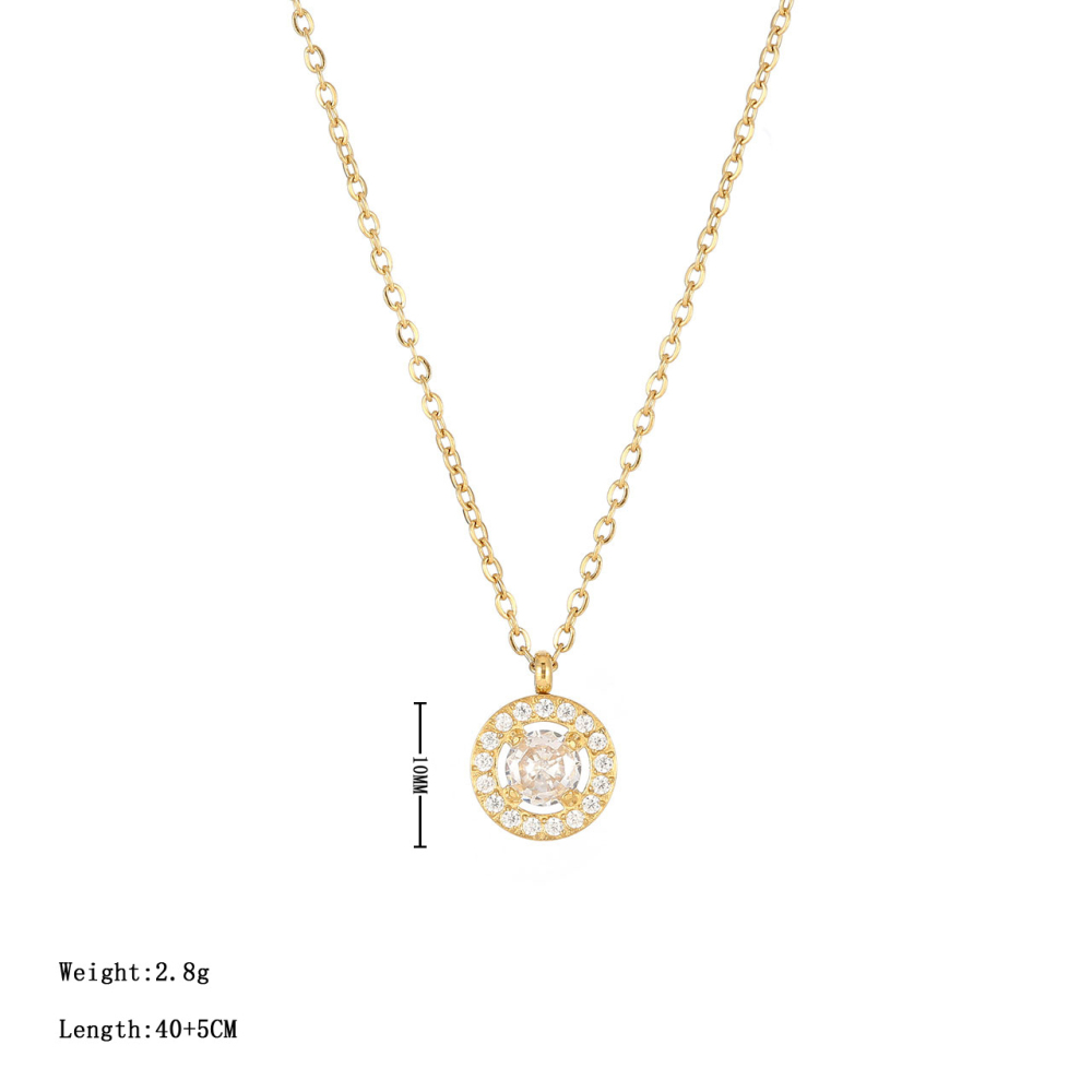 Round Halo CZ Necklace in PVD Stainless Steel 14K Gold