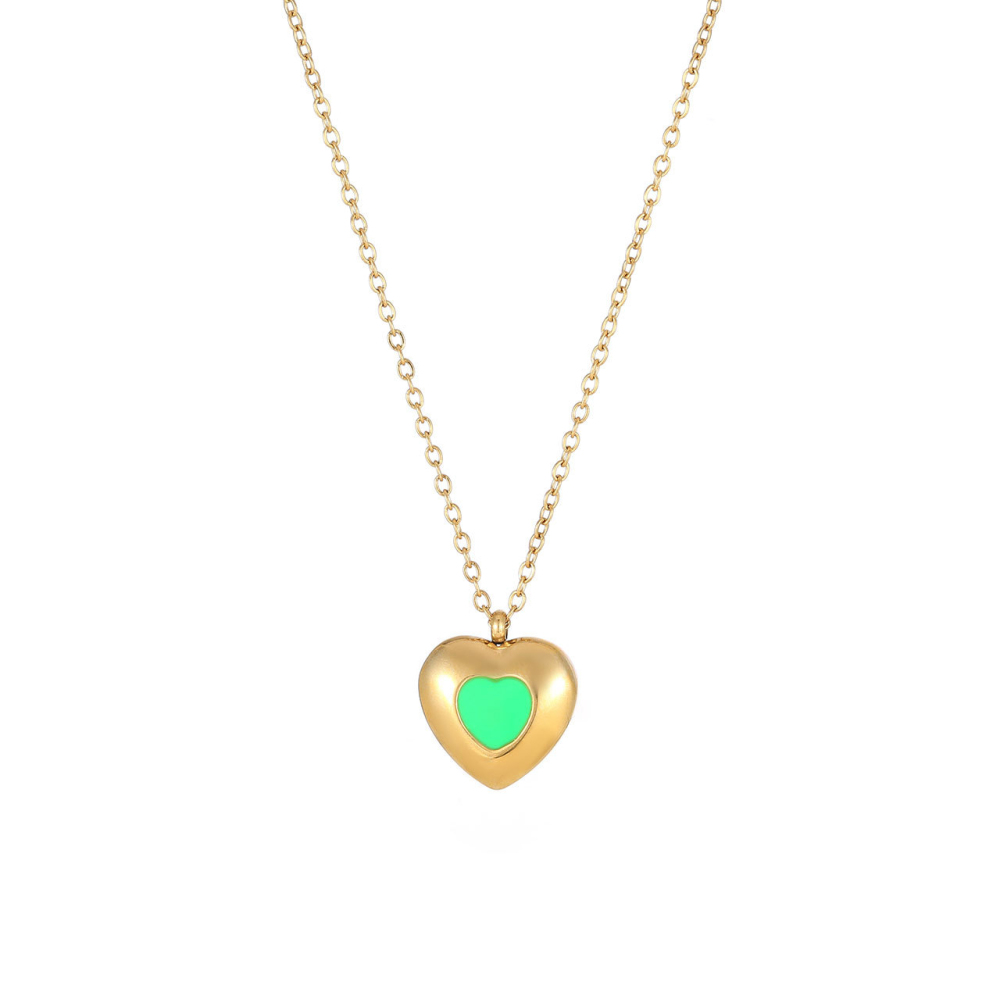 Green Enamel Heart Necklace in PVD Stainless Steel 14K Gold