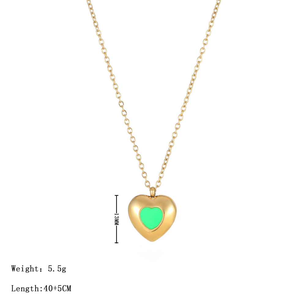 Green Enamel Heart Necklace in PVD Stainless Steel 14K Gold