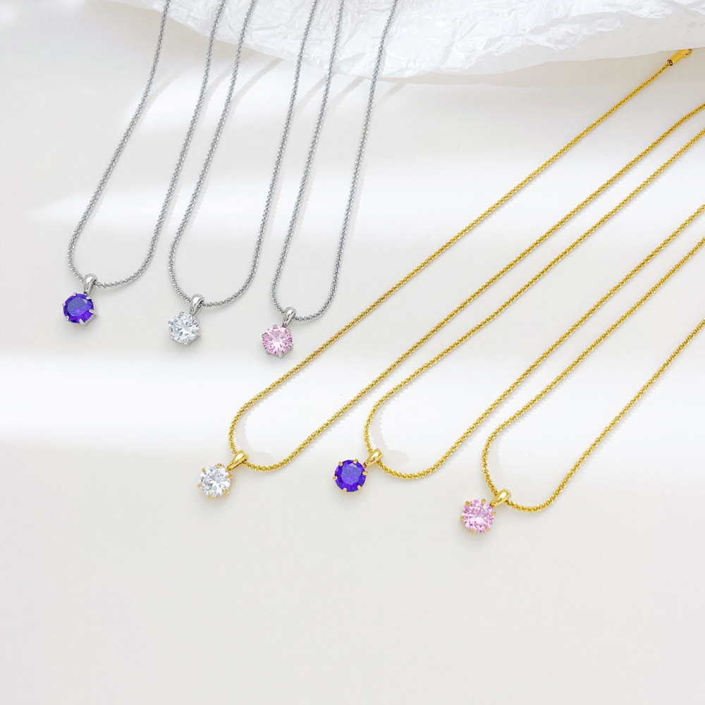 Round CZ Solitaire Necklace with Rope Chain in PVD Stainless Steel 14K Gold