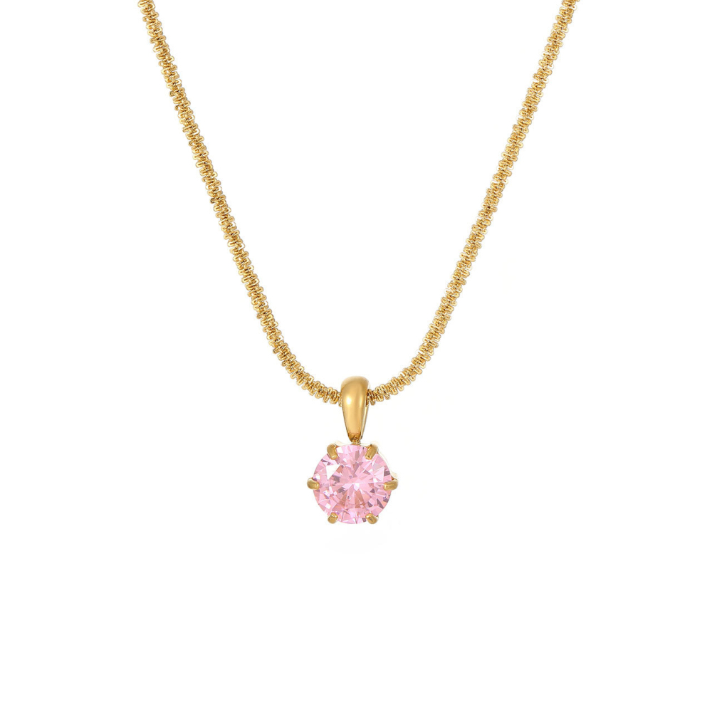 Round CZ Solitaire Necklace with Rope Chain in PVD Stainless Steel 14K Gold
