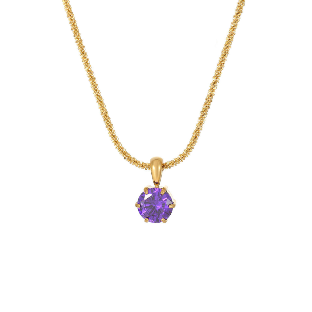 Round CZ Solitaire Necklace with Rope Chain in PVD Stainless Steel 14K Gold