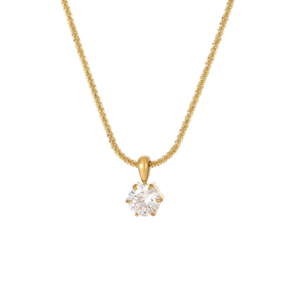 Round CZ Solitaire Necklace with Rope Chain in PVD Stainless Steel 14K Gold