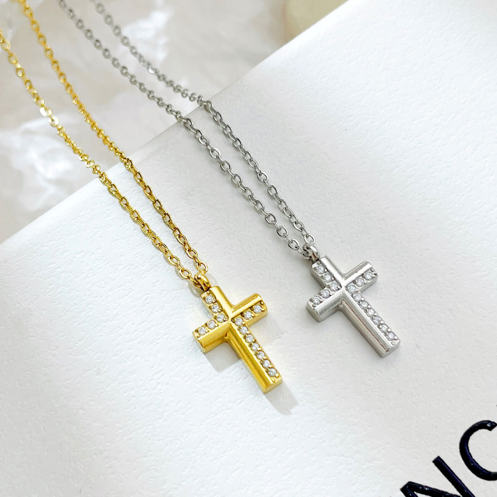Layered Pave CZ Cross Necklace in PVD Stainless Steel 14K Gold