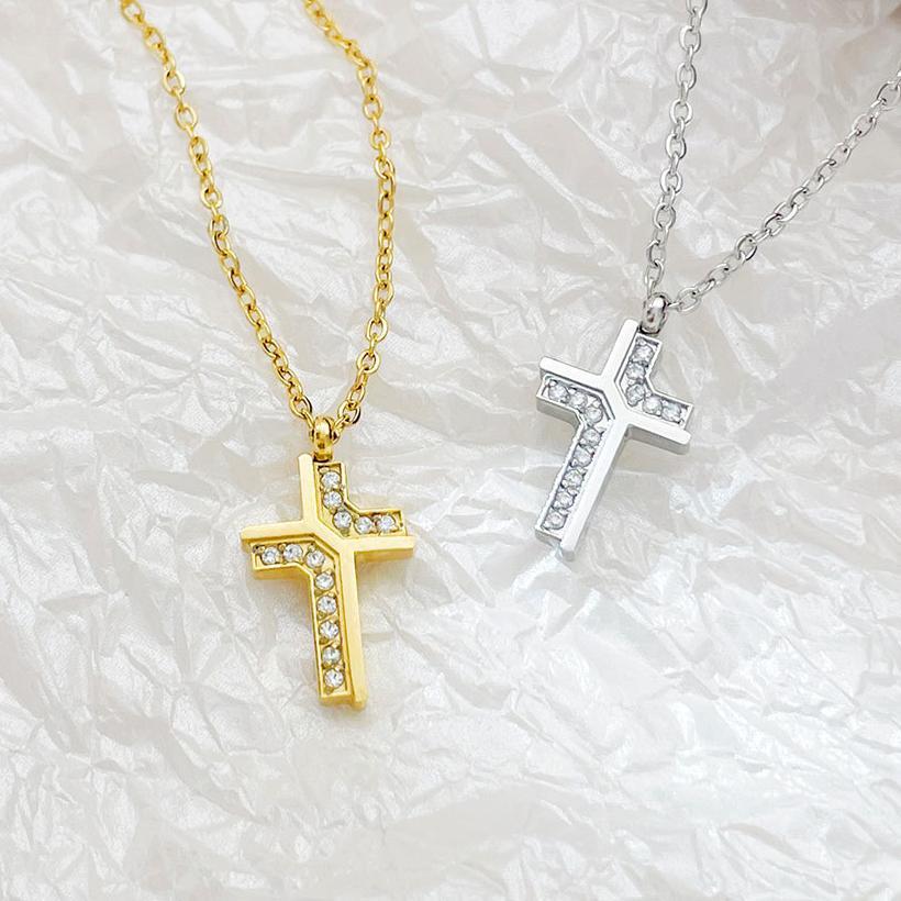 Channel Set CZ Cross Necklace in PVD Stainless Steel 14K Gold