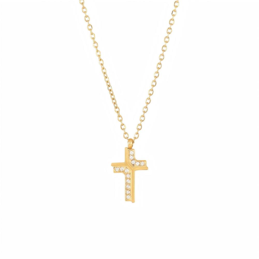 Channel Set CZ Cross Necklace in PVD Stainless Steel 14K Gold
