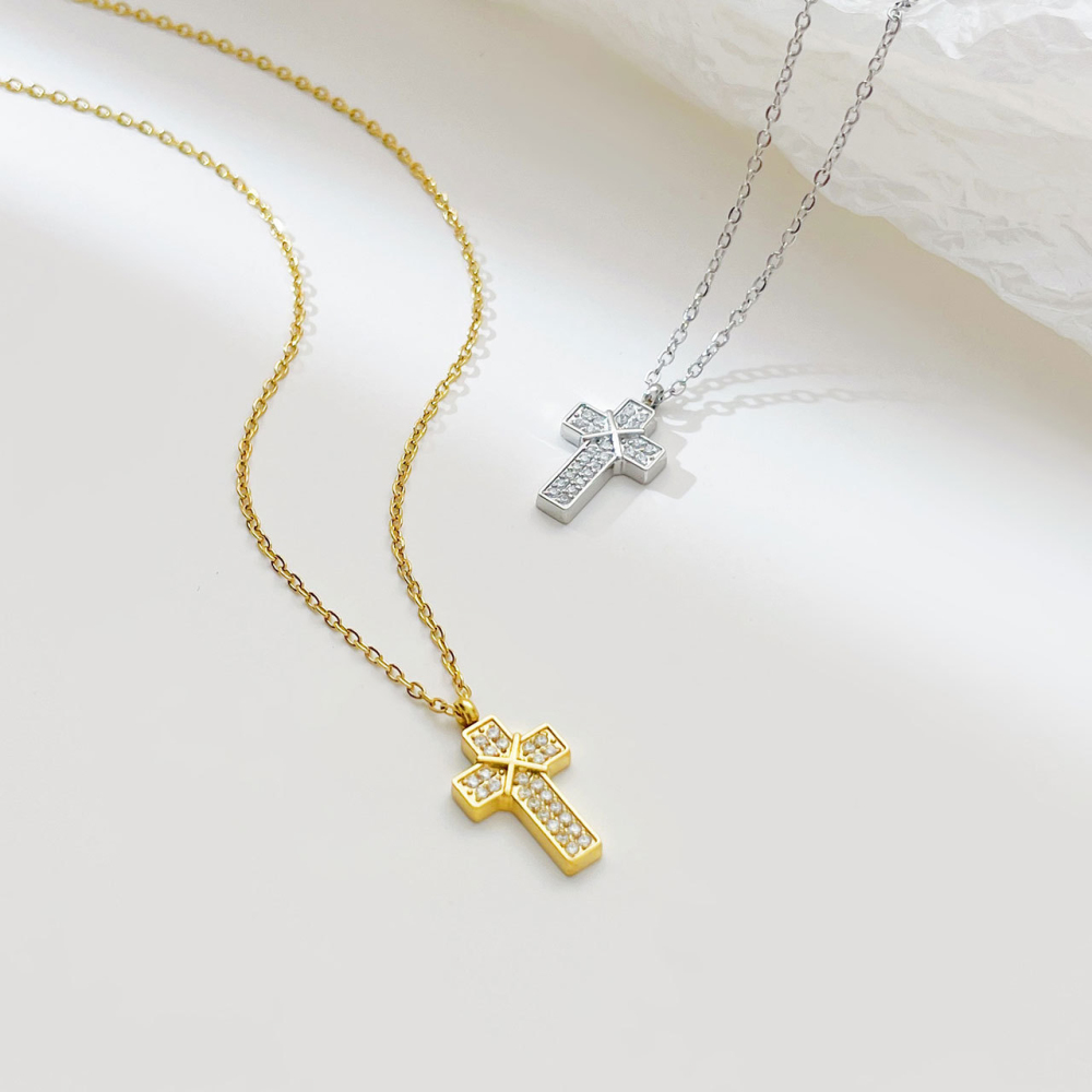 Geometric X Detail Pave CZ Cross Necklace in PVD Stainless Steel 14K Gold