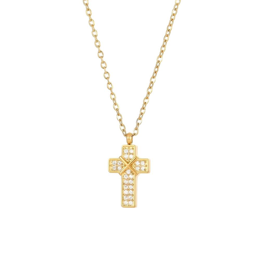 Geometric X Detail Pave CZ Cross Necklace in PVD Stainless Steel 14K Gold