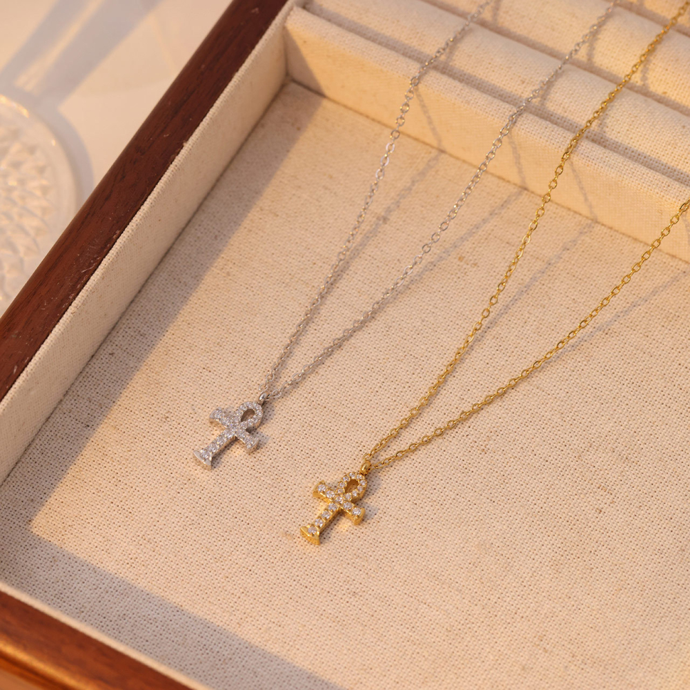 Pave CZ Ankh Cross Necklace in PVD Stainless Steel 14K Gold