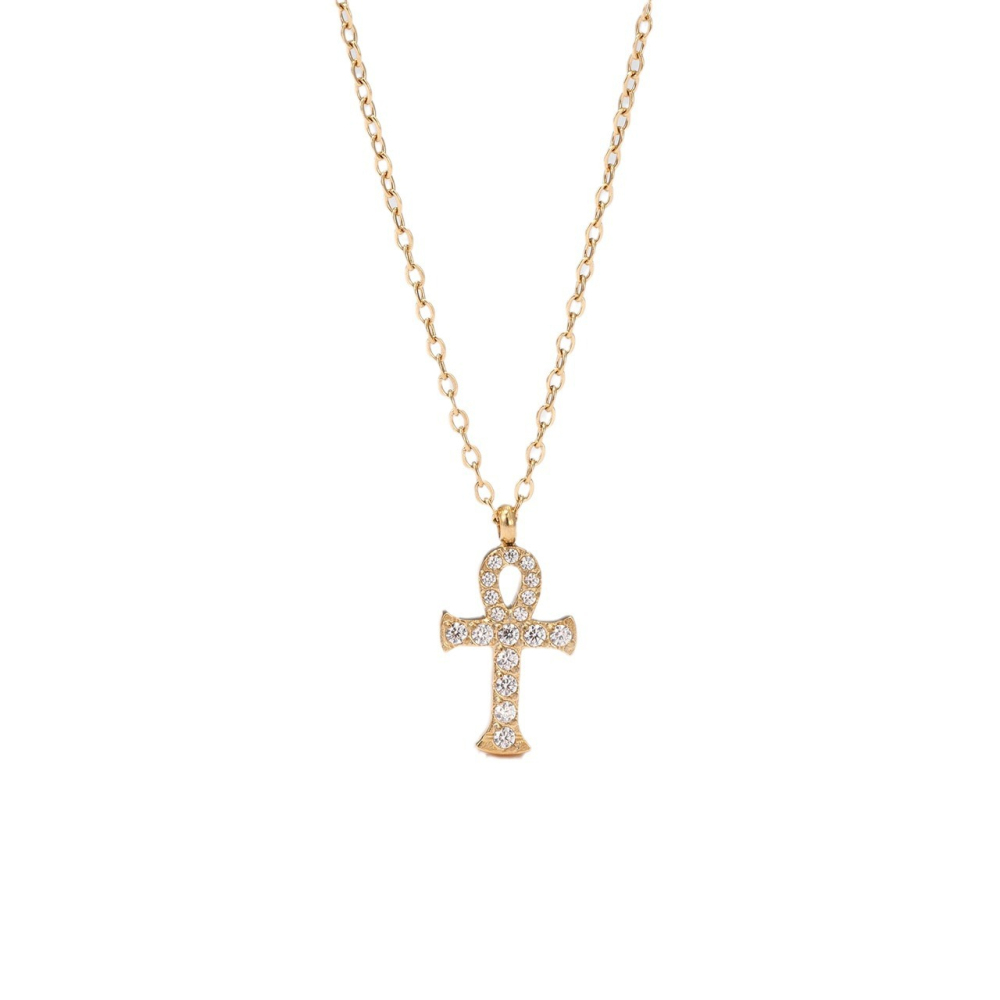 Pave CZ Ankh Cross Necklace in PVD Stainless Steel 14K Gold