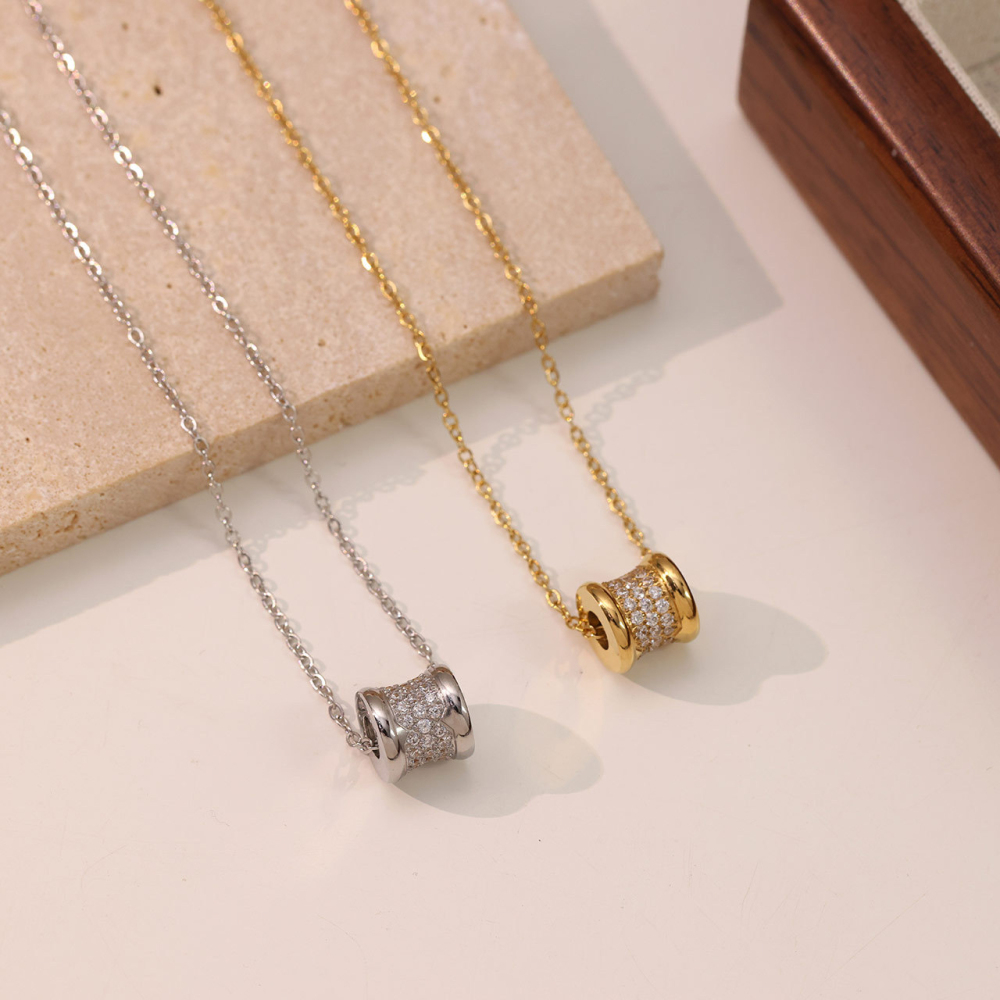 Pave CZ Barrel Pendant Necklace in PVD Stainless Steel 14K Gold
