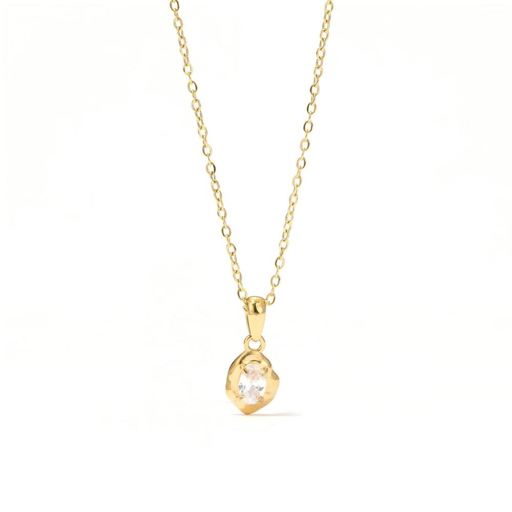 Organic Bezel Oval CZ Necklace in PVD Stainless Steel 14K Gold