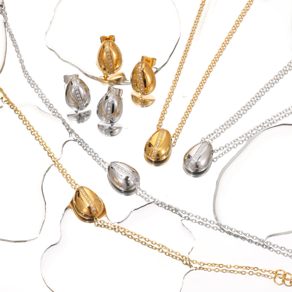 Pave CZ Teardrop Stud Earrings, Necklace and Bracelet Set in PVD Stainless Steel 14K Gold