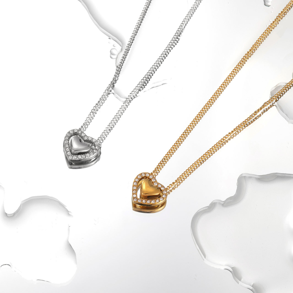 Pave Frame Metal Heart Necklace in PVD Stainless Steel 14K Gold