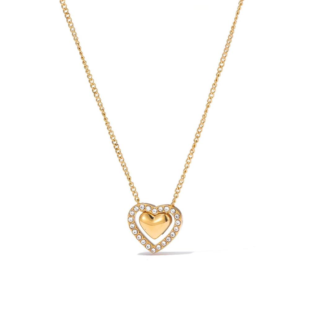 Pave Frame Metal Heart Necklace in PVD Stainless Steel 14K Gold