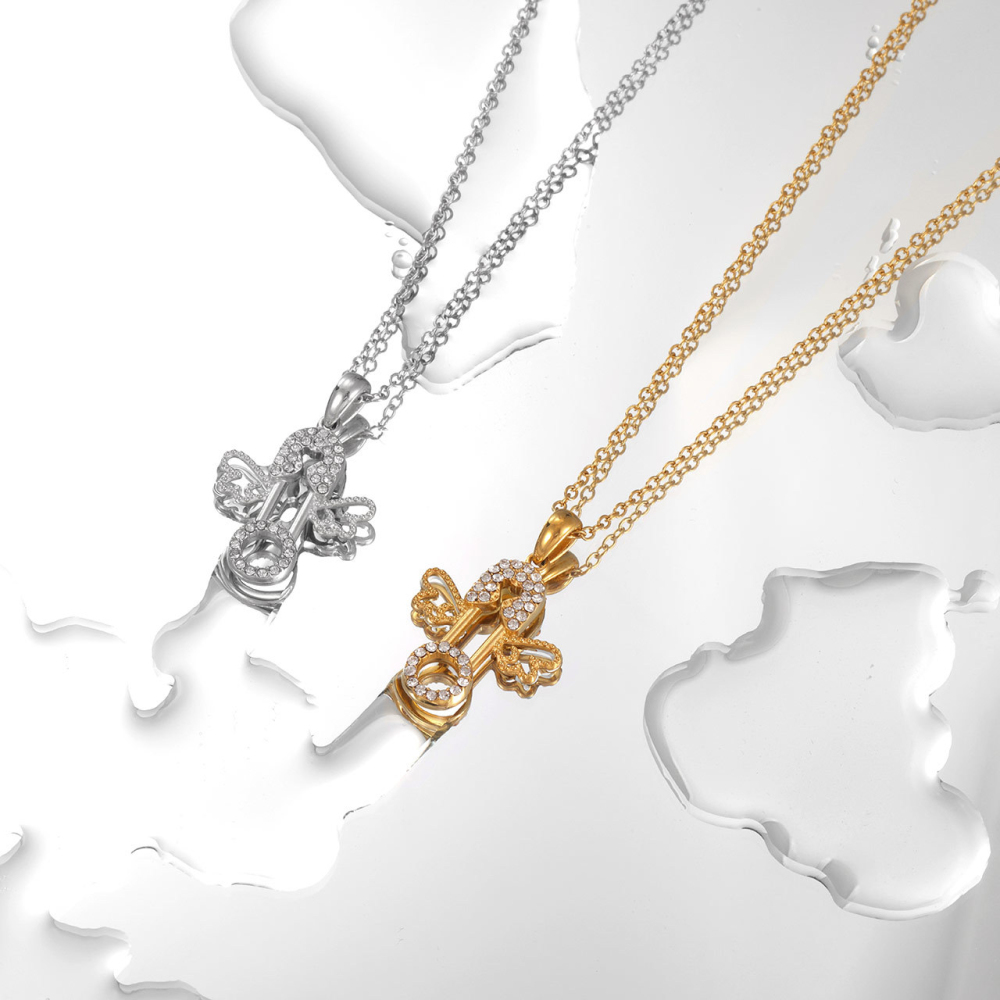Pave CZ Angel Wings Pendant Necklace in PVD Stainless Steel 14K Gold