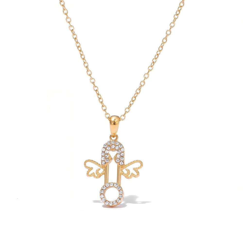 Pave CZ Angel Wings Pendant Necklace in PVD Stainless Steel 14K Gold