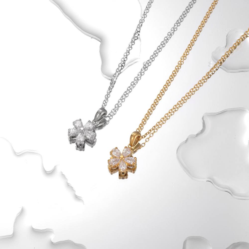 Pear Cut CZ Flower Pendant Necklace in PVD Stainless Steel 14K Gold