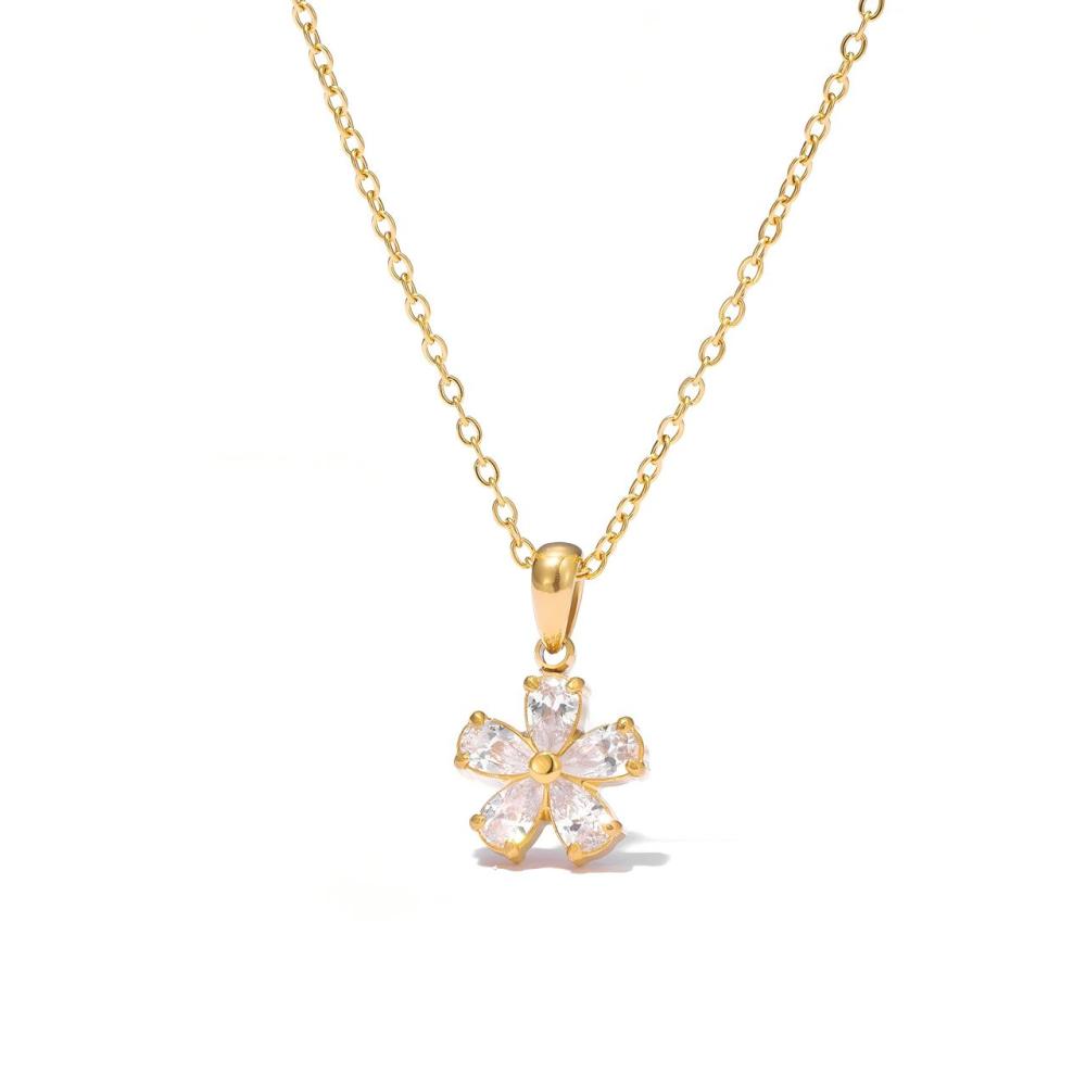 Pear Cut CZ Flower Pendant Necklace in PVD Stainless Steel 14K Gold