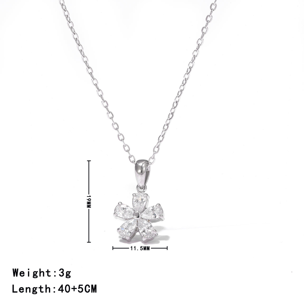 Pear Cut CZ Flower Pendant Necklace in PVD Stainless Steel 14K Gold